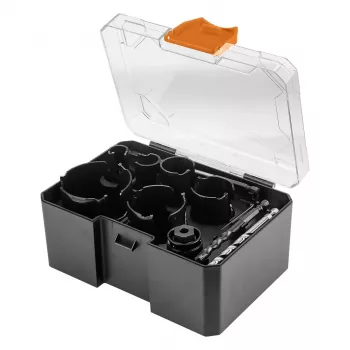 NEO TOOLS 57-923 Karbidiniai gręžtuvų rinkiniai, 11 vnt. (20–64 mm), su 2 kotais ir dėklu