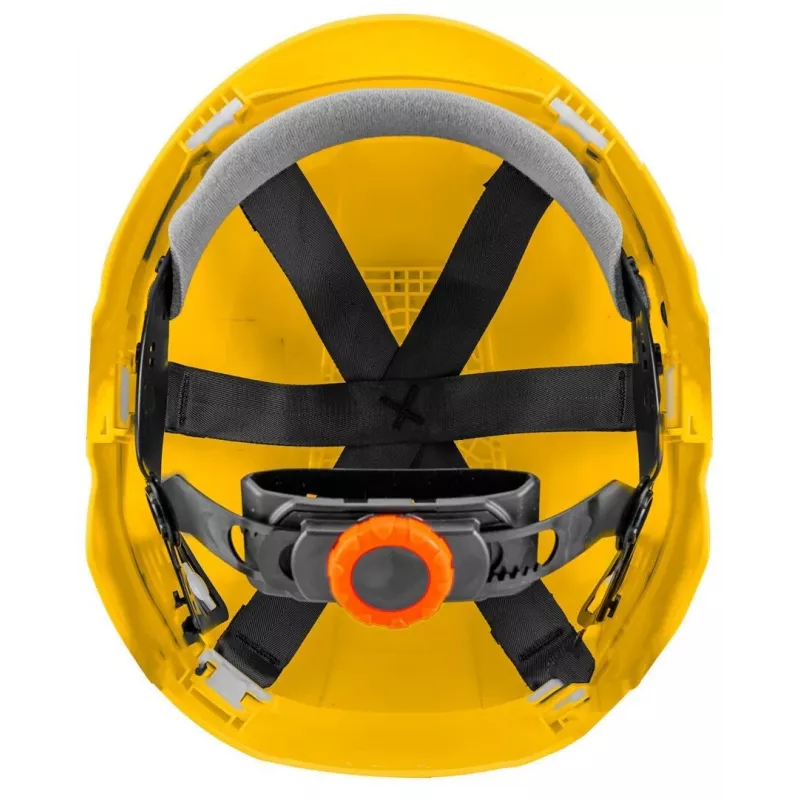 NEO TOOLS 97-210 Integruotas apsauginis šalmas su tinklelio skydeliu ir ausinėmis, oranžinis