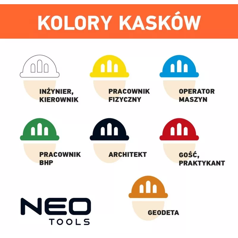 NEO TOOLS 97-211 Vėdinamas pramoninis apsauginis šalmas su 6 taškų žvaigždinės pavaros pakaba, EN 397, baltas