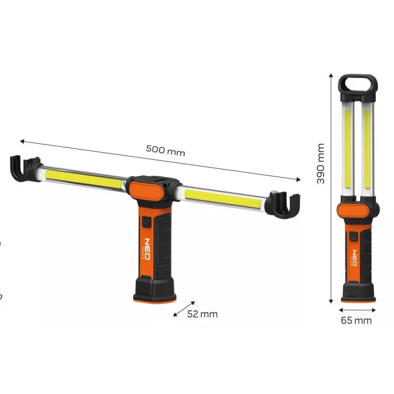 NEO TOOLS 99-066 Įkraunamas COB LED darbinis žibintas su magnetiniu pagrindu ir pasukamu kabliu, 300 lm