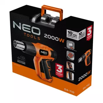 NEO TOOLS 04-710 2000W karšto oro pistoletas su LCD ekranu, 50°C ir 70-600°C, 4 antgaliai, grandiklis, dėklas