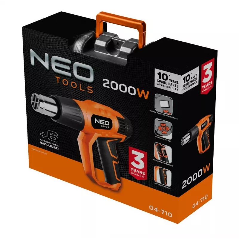 NEO TOOLS 04-710 2000W karšto oro pistoletas su LCD ekranu, 50°C ir 70-600°C, 4 antgaliai, grandiklis, dėklas