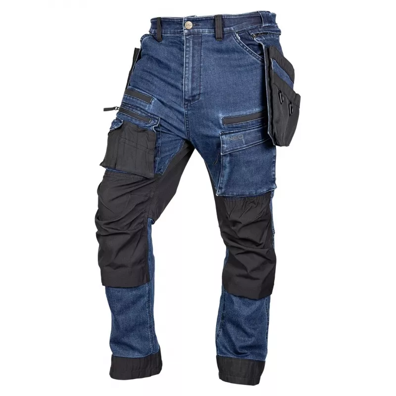 NEO TOOLS vyriškos džinsinės darbo kelnės su Cordura sutvirtinimais, tamsiai mėlynos, M dydžio (81-361-1-M)