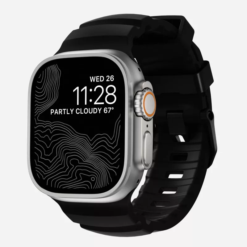 NOMAD Rocky Point Band, dirželis Apple Watch 46mm/49mm, FKM ir titanas (anglies juoda, juoda apkaustai)