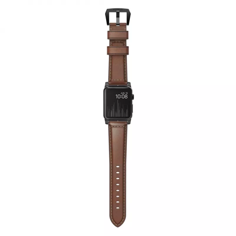 NOMAD Traditional Band – Odinis dirželis iš Horween odos, skirtas Apple Watch 46mm/49mm, Rustic Brown, juodos spalvos apkaustai