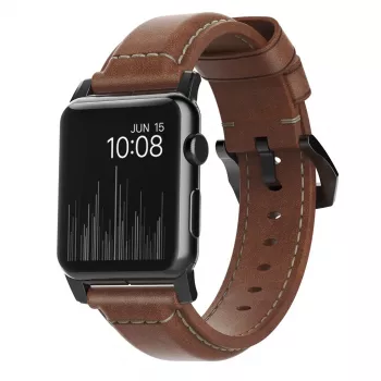 NOMAD Traditional Band – Odinis dirželis iš Horween odos, skirtas Apple Watch 46mm/49mm, Rustic Brown, juodos spalvos apkaustai