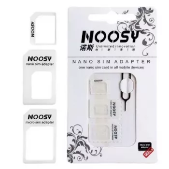 Noosy NS-SIM-WH SIM kortelių adapterių rinkinys, baltas (Nano/Micro į Micro/Standard, 3 adapteriai + ištraukimo smeigtukas)