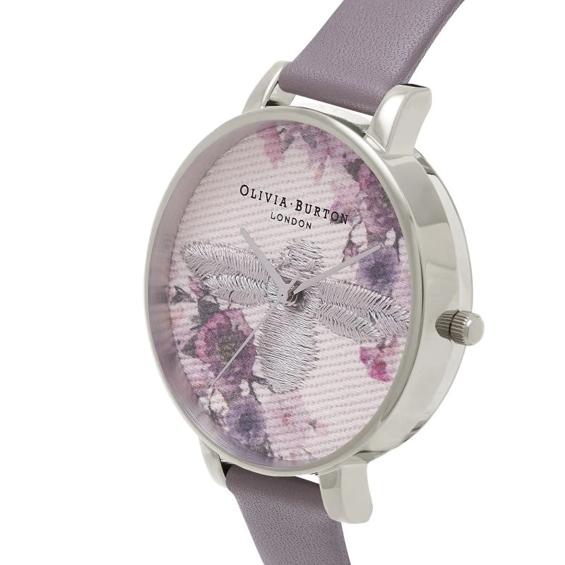 Olivia Burton Enchanted Garden moteriškas laikrodis OB16EM05 - 38mm rožinio aukso nerūdijančio plieno korpusas, baltas gėlių ciferblatas, audinės pilkos spalvos odinis dirželis