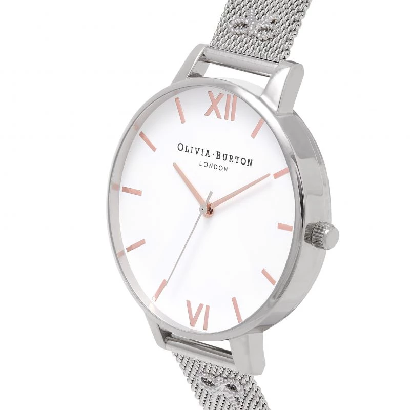 Olivia Burton Women's Enchanted Garden Watch OB16ES10 – 38 mm nerūdijančio plieno rožinio aukso spalvos korpusas, baltas gėlėtas ciferblatas, pilka odinė apyrankė