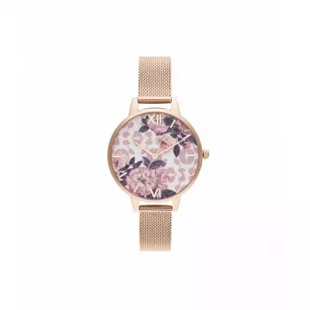 Moterų laikrodis Olivia Burton Lucky Bee OB16LP01 – 34 mm rožinio aukso korpusas, baltas ciferblatas, pilkas odinis dirželis