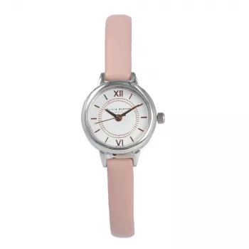 OLIVIA BURTON Moteriškas laikrodis su mažu ciferblatu OB16MC59 – rožinio aukso spalvos nerūdijančio plieno korpusas, baltas ciferblatas, pilkas odinis dirželis, 23 mm
