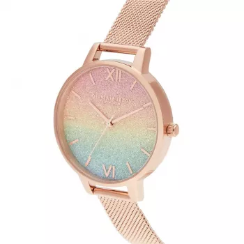 OLIVIA BURTON Women's Rainbow Bee Watch OB16RB18 - 34mm Nerūdijančio Plieno Korpusas, Pilkas Odinis Dirželis, Baltas Ciferblatas su Vaivorykštinės Bitės Motyvu, Kvarcinis Judesys