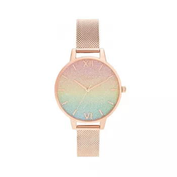 OLIVIA BURTON Women's Rainbow Bee Watch OB16RB18 - 34mm Nerūdijančio Plieno Korpusas, Pilkas Odinis Dirželis, Baltas Ciferblatas su Vaivorykštinės Bitės Motyvu, Kvarcinis Judesys