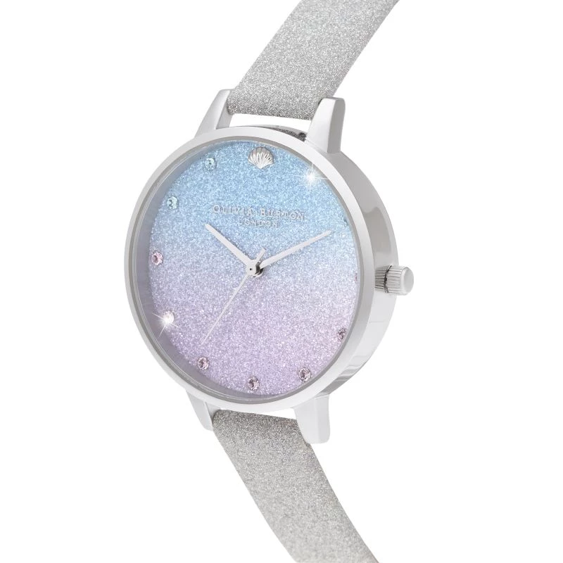 Olivia Burton Women's Sparkle Floral Watch OB16US49 – 34mm rožinio aukso spalvos nerūdijančio plieno korpusas, pilkas odinis dirželis, baltas ciferblatas su gėlių raštu
