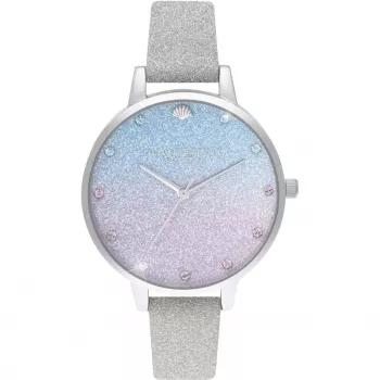 Olivia Burton Women's Sparkle Floral Watch OB16US49 – 34mm rožinio aukso spalvos nerūdijančio plieno korpusas, pilkas odinis dirželis, baltas ciferblatas su gėlių raštu
