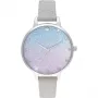 Olivia Burton Women's Sparkle Floral Watch OB16US49 – 34mm rožinio aukso spalvos nerūdijančio plieno korpusas, pilkas odinis dirželis, baltas ciferblatas su gėlių raštu