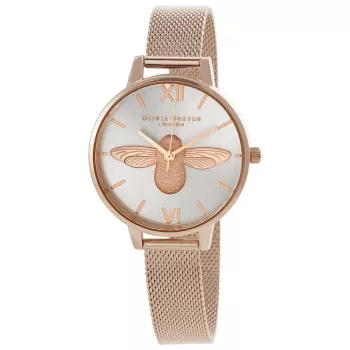 Olivia Burton moteriškas laikrodis OB16AM161 34mm rožinio aukso plieninis korpusas, pilkas odinis dirželis, abstraktus gėlių ciferblatas