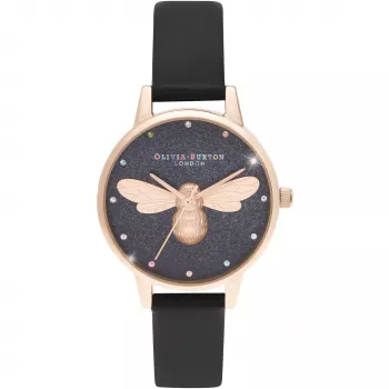 Olivia Burton moteriškas laikrodis OB16FB13 (30 mm) – rožinio aukso spalvos, pilkas odinis dirželis, gėlių ciferblatas