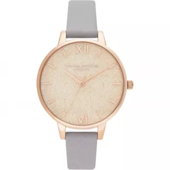Olivia Burton moteriškas laikrodis OB16GD45 34 mm pilkas blizgantis ciferblatas rožinio aukso dengtas nerūdijantis plienas odinis dirželis