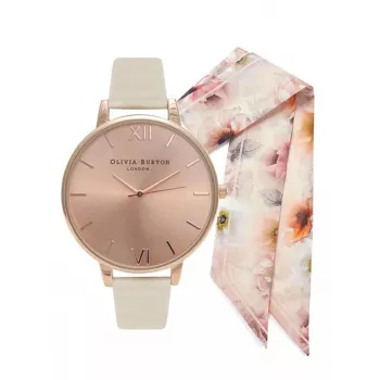 Olivia Burton Moteriškas Laikrodis OBGSET51 30mm Rožinio Aukso Spalvos Nerūdijantis Plienas ir Pilka Oda