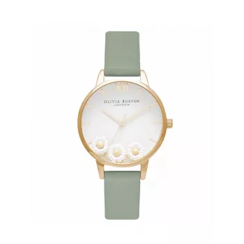 Olivia Burton Women's Wishing Watch OB16CH17 – 30mm rožinio aukso nerūdijančio plieno korpusas, pilkas odinis dirželis, baltas perlų motinos ciferblatas su bitės ir gėlių motyvu