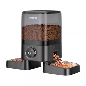 ONEISALL PF10 Double Intelligent Feed Dispenser 5L automatinis ėdalo daviklis su Wi-Fi, nerūdijančio plieno dubenėliais, balso įrašymu ir baterijų atsarginiu maitinimu