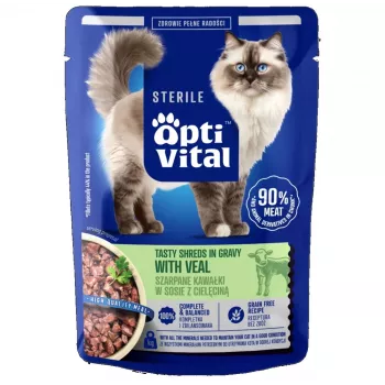 OPTIVITAL Sterile Tasty Shreds in Gravy with Veal - šlapi kačių ėdalai - 85g