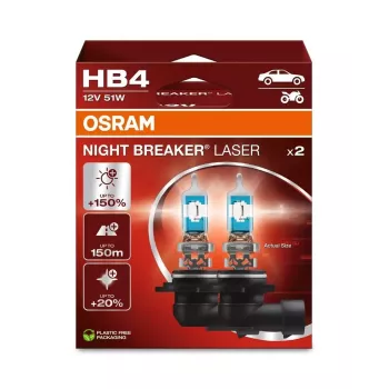 OSRAM Night Breaker Laser HB4 (2 vnt.) – 12V 51W P22d halogeniniai priekinių žibintų žibintai, iki 150% didesnis ryškumas, 150 m spindulys, 20% baltesnė šviesa