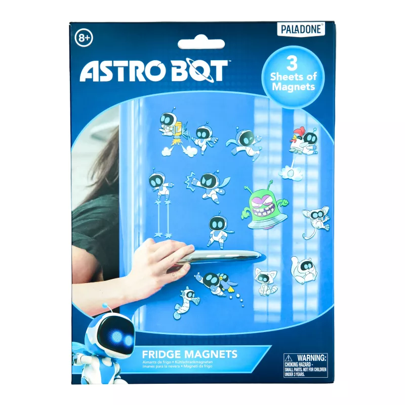 Paladone AstroBot šaldytuvo magnetai - 34 vnt. magnetų rinkinys, 3 lakštai, kosmoso roboto dizainas