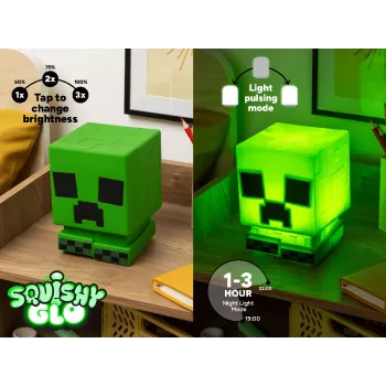 Paladone Minecraft Creeper SquishyGlo silikoninis šviestuvas su įkraunama baterija – žalia LED naktinė lemputė su 3 ryškumo lygiais ir Micro USB įkrovimu