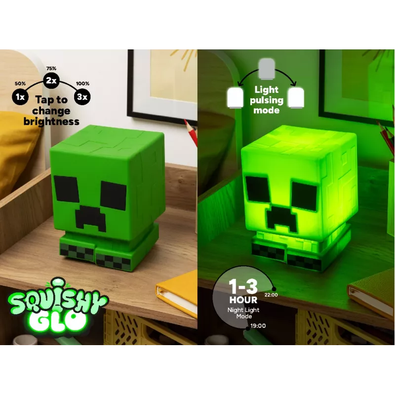 Paladone Minecraft Creeper SquishyGlo silikoninis šviestuvas su įkraunama baterija – žalia LED naktinė lemputė su 3 ryškumo lygiais ir Micro USB įkrovimu