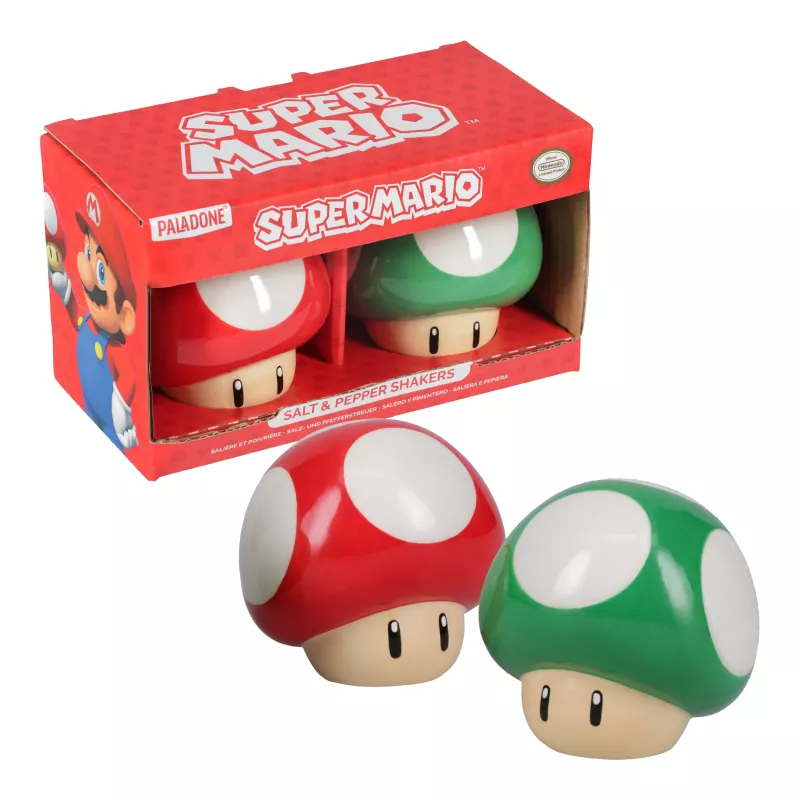 Paladone Super Mario Mushroom druskos ir pipirų indeliai – raudonas ir žalias keramikos rinkinys