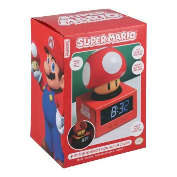 Paladone Super Mario Super Mushroom ikoninis žadintuvas – skaitmeninis LCD, USB maitinimas, oficialūs Nintendo garso efektai, raudonas/baltas