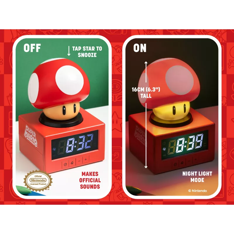Paladone Super Mario Super Mushroom ikoninis žadintuvas – skaitmeninis LCD, USB maitinimas, oficialūs Nintendo garso efektai, raudonas/baltas