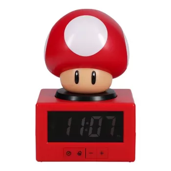 Paladone Super Mario Super Mushroom ikoninis žadintuvas – skaitmeninis LCD, USB maitinimas, oficialūs Nintendo garso efektai, raudonas/baltas