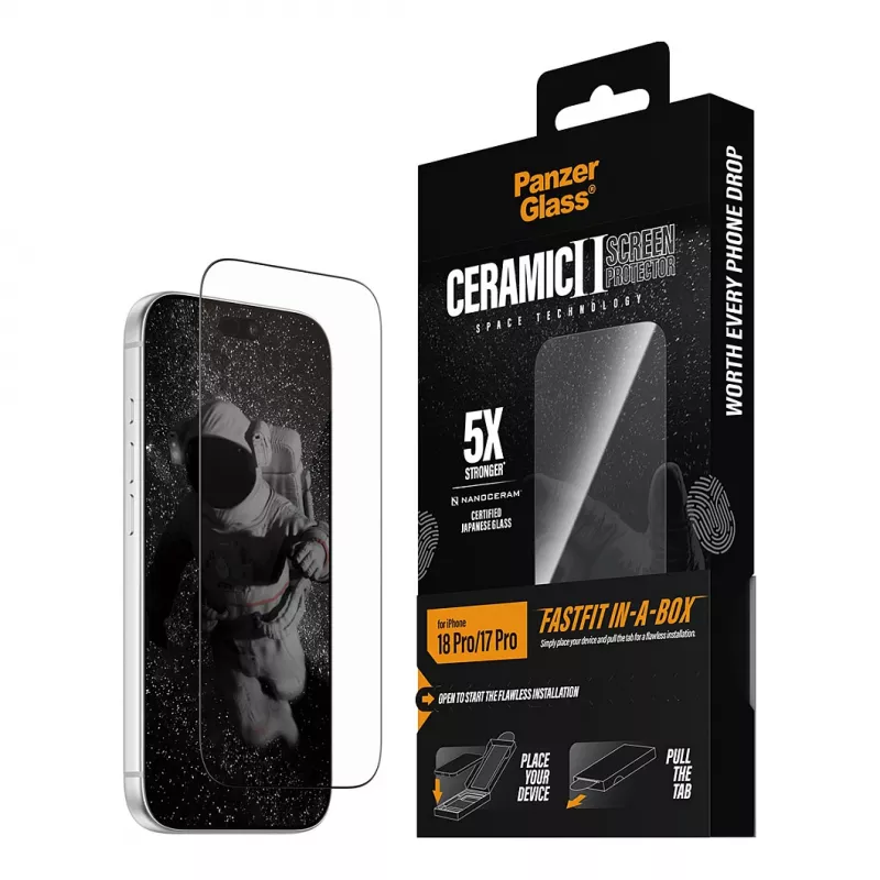 PanzerGlass keraminis ekrano apsauginis stiklas iPhone 17 Pro su FastFit In-A-Box