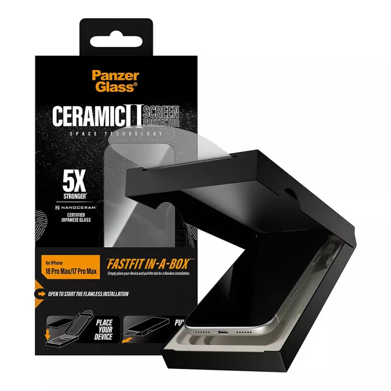 PanzerGlass keraminis ekrano apsauginis stiklas iPhone 17 Pro Max su FASTFIT IN-A-BOX