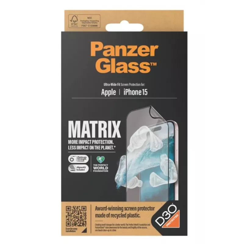 PanzerGlass MATRIX ekrano apsauga su D3O, skirta iPhone 15 | Ultra-Wide Fit su AlignerKit