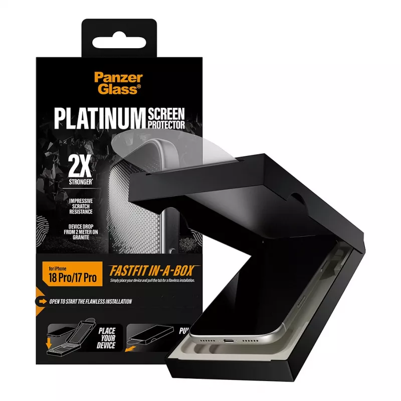 PanzerGlass Platinum ekrano apsauga iPhone 17 Pro su FastFit montavimo rėmeliu