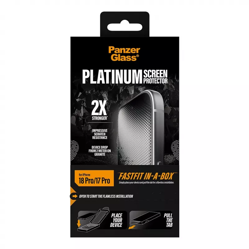 PanzerGlass Platinum ekrano apsauga iPhone 17 Pro su FastFit montavimo rėmeliu