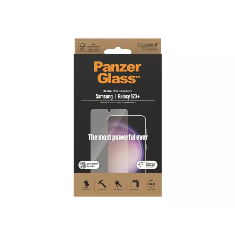 PanzerGlass Ultra-Wide Fit ekrano apsauginis stiklas, skirtas Samsung Galaxy S23+ su aplikatoriumi