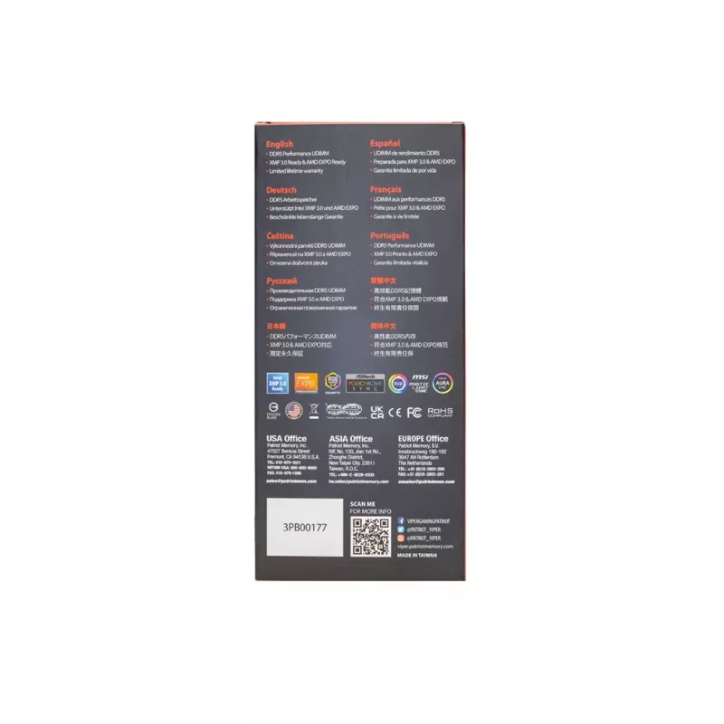 Patriot Memory Viper Venom 16GB DDR5 6400MHz CL38 AMD EXPO UDIMM atminties modulis - 1x16GB juodas