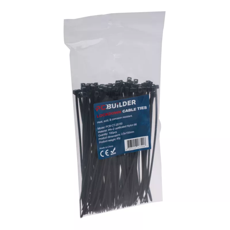 PCBuilder LOCKDOWN 150 mm kabelių raiščiai (100 vnt.) - juodi