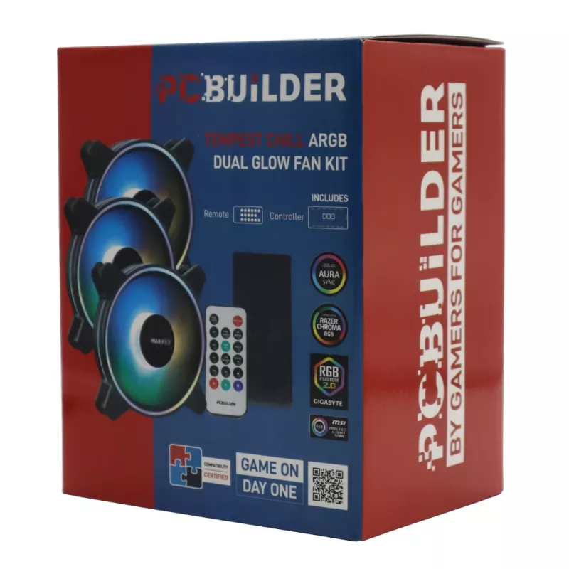 PCBuilder Tempest Chill ventiliatorių rinkinys 3x120 mm Dual Glow ARGB ventiliatorius + valdiklis + RF nuotolinio valdymo pultas