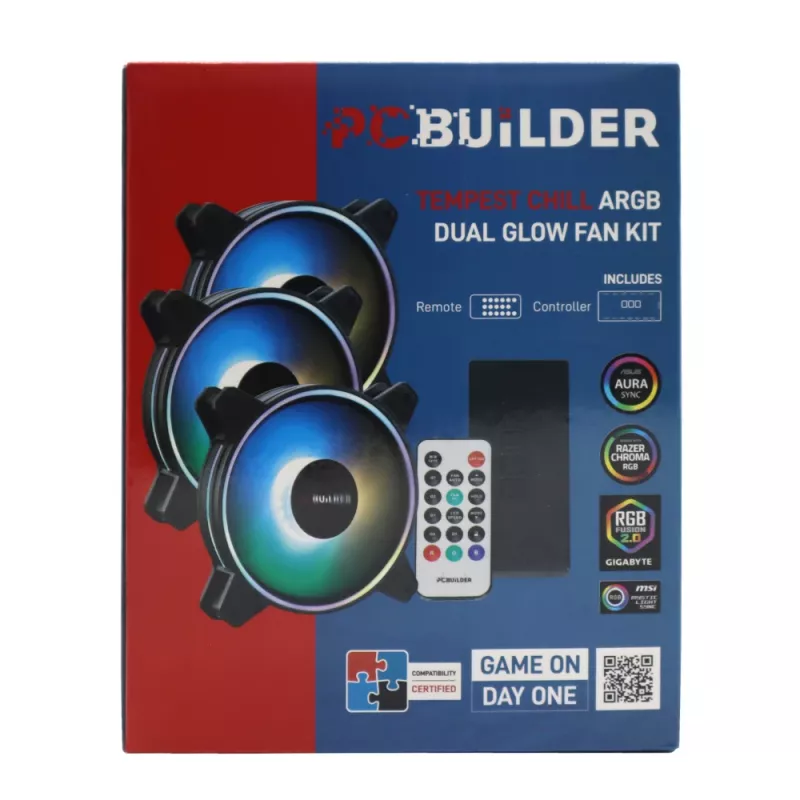 PCBuilder Tempest Chill ventiliatorių rinkinys 3x120 mm Dual Glow ARGB ventiliatorius + valdiklis + RF nuotolinio valdymo pultas