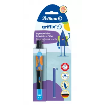 Pelikan griffix® plunksnakotis kairiarankiams - Neon Black - mėlyni rašalai - kasetinė sistema - plastikinis korpusas - nerūdijančio plieno plunksna - kairiarankiams (820356)