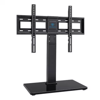PERLESMITH PSTVS13 Laisvai pastatomas TV stovas su laikikliu 37-75 col. televizoriams, juodas, 45 kg talpa, VESA 100x100–600x400, reguliuojamas aukštis, pasukimas ±35°, grūdintas stiklas