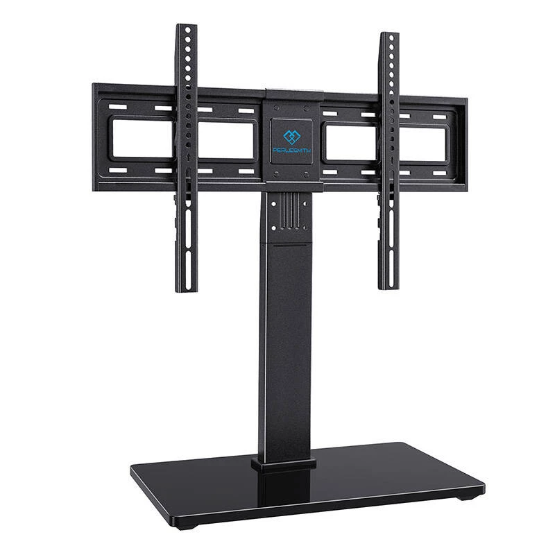 PERLESMITH PSTVS13 Laisvai pastatomas TV stovas su laikikliu 37-75 col. televizoriams, juodas, 45 kg talpa, VESA 100x100–600x400, reguliuojamas aukštis, pasukimas ±35°, grūdintas stiklas