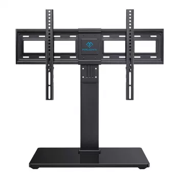 PERLESMITH PSTVS13 Laisvai pastatomas TV stovas su laikikliu 37-75 col. televizoriams, juodas, 45 kg talpa, VESA 100x100–600x400, reguliuojamas aukštis, pasukimas ±35°, grūdintas stiklas