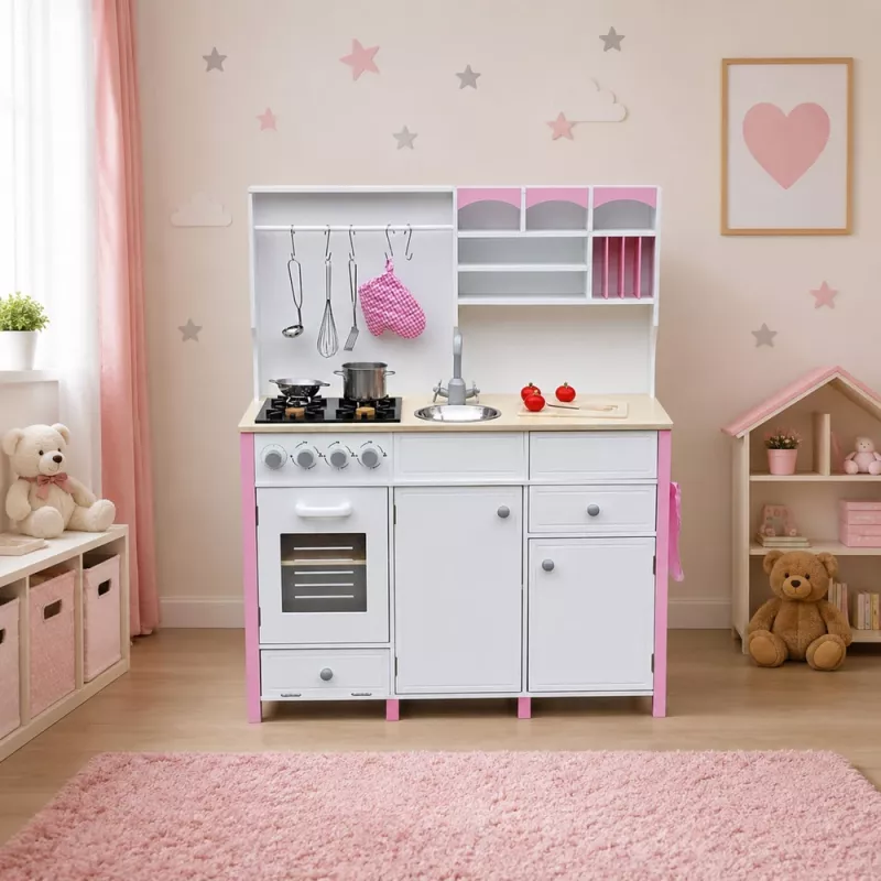 PETMEX Paula Wooden Kitchen for Children Pink White Opening Elements